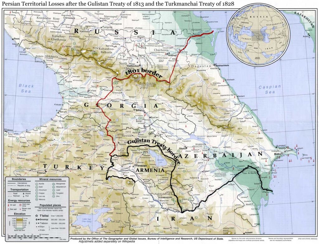 Persian territorial Losses after the Gulistan (1813) and Turkmenchai (1823) Treaties.
