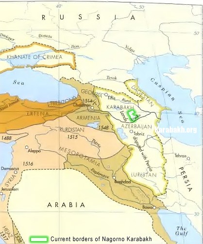 Map of Karabakh beylerbeylik of Azerbaijan during Ottoman-Safavid (Persian) wars. XVI c.